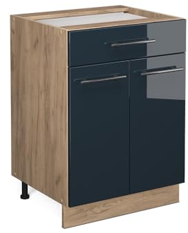 Vicco Küchenunterschrank Fame-Line, Dunkelblau Hochglanz/Goldkraft Eiche, 60 cm mit Schublade, ohne Arbeitsplatte