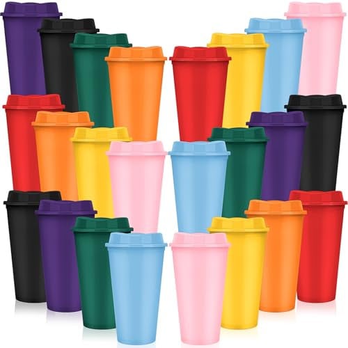 24 Pack Reusable Coffee Cups with Lids, 16 oz to Go Coffee Cups Bulk Plastic Travel Cups,Plastic Tumblers Cup Coffee Mugs for Hot and Cold Drinks, Colorful