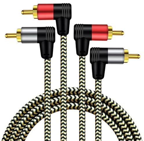 Hanprmeee RCA Cable,90 Degree Right Angled 2 RCA Male to Male Cable,[Hi-Fi Sound] Nylon-Braided Auxiliary Audio Cord for Home Theater, HDTV, Amplifiers, Hi-Fi Systems,Speakers and etc (1M-2Pack)