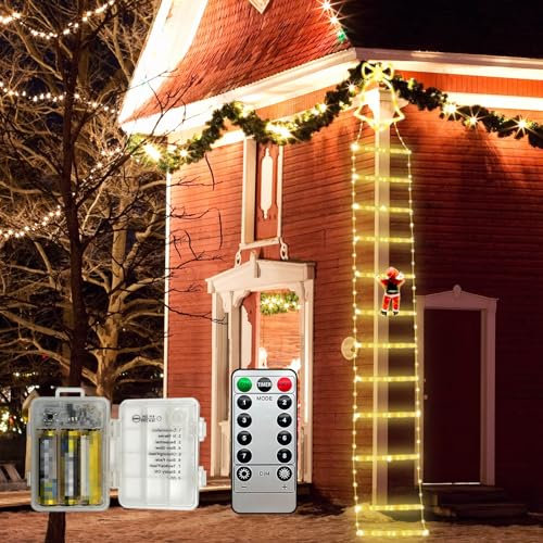 MEDOYOH Warmweiß Licht 3,3M/130IN 136 LEDS Leiters mit Kletternder Weihnachtsmann, Weihnachtsbeleuchtung Batteriebetrieben für Indoor Outdoor Weihnachtsbaum Balkon Fenster Dekor