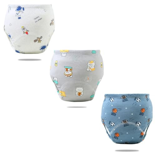 FedMois 3er Pack Baby Kleinkinder Töpfchen Trainingshose Trainerhose, Astronaut, Bär und Basketball, 1-2 Jahre
