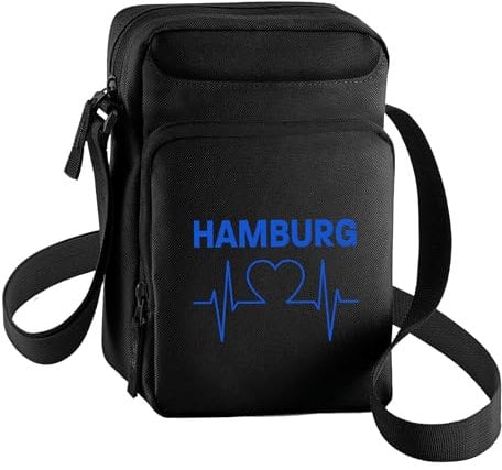 multifanshop Umhängetasche - Hamburg - Herzschlag - Druck blau - Tasche Größe schwarz