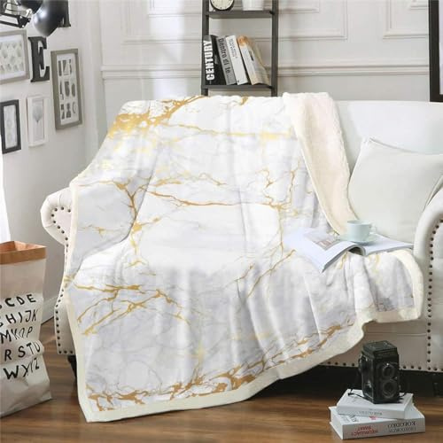 Loussiesd Goldener weißer Marmor gedruckt Wohndecke 150x200cm Frauen Marmormuster Kuscheldecke Abstrakte Kunst Flanell Fleecedecke Einfaches modernes Design Decke Weich