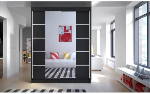 Easy4You ROMA 150 cm Sliding Door Black Wardrobe with Mirror Widths 100/120/150 cm Furniture for Bedroom Living Room Wardrobe with Hanging Rail