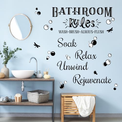 FUFUQUARE Bathroom Rules Wall Stickers Black Lettering Bubbles Wall Decals | DIY PVC Waterproof Removable for Bathtub Restroom Toilet Background
