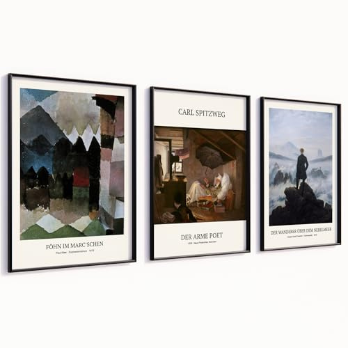 MJ-GRAPHICS® Caspar Friedrich Kunstdrucke Poster Set Bilder mit Rahmen Wandbilder Wohnzimmer Wanddeko Schlafzimmer Deko Schlafzimmer Bilder mit Rahmen A2 3er Set Wandbilder