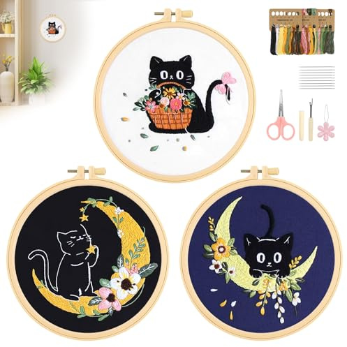 Gyism 3 Stück Sticken Set Erwachsene Niedliches Katzenmuster mit Musterstoff, Stickrahmen, Faden & Nadeln, Embroidery Kit Stickset für Anfänger, Sticken Lernen, Bastelset Erwachsene Frauen
