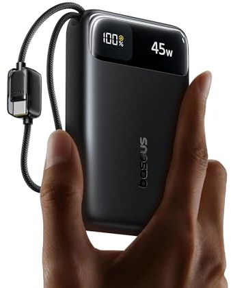 Baseus FC11 Powerbank 45W 20000mAh con 2 Cables USB-C Integrados, Batería Externa Carga Rápida con Certificación CCC, Mini Power Bank para iPhone 17/16/15/14 Pro MAX, iPad, Samsung, Negro