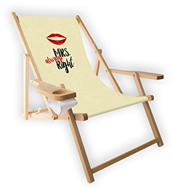 MultiBrands® Holz-Liegestuhl, mit Armlehne und Getränkehalter, klappbar, Motiv Mrs