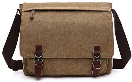 Rufun Messenger Shoulder Bag for Men Canvas Laptop Casual Day Bag Cross-Body Briefcase Schoolbag (Brown, M)