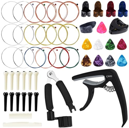 Benvo Gitarrenzubehör Kit 49 Teile Gitarrenwerkzeug Wechselset inkl. Gitarrenplektren, Kapodaster, Akustikgitarrensaiten, Saitenkurbel, Stegpins, Gitarrenknochen & Plektrumhalter, Fingerplektren