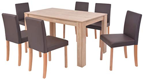 Tidyard Essgruppe 7-TLG. Esszimmertisch und Essstühle Set Tischgruppe Esszimmergarnitur 1 Tisch und 6 Stühle Kunstleder + Holz Braun