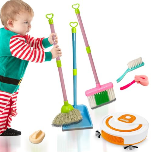 koolbitz Home Cleaning Playset for Kids with Real Working Vacuum Cleaner Hoover Toy Broom Dustpan Pretend Play Role Educational Toy for Toddlers Complete 7-Pieces Birthday