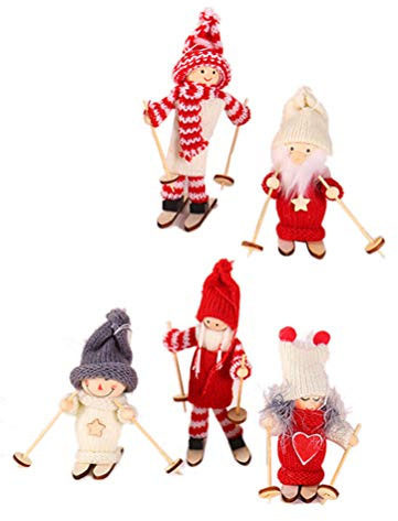 Christmas Figurine Holiday Wooden Figure Miniature Ski Doll Ornament Table Adults 5pcs (Mixed Pattern)