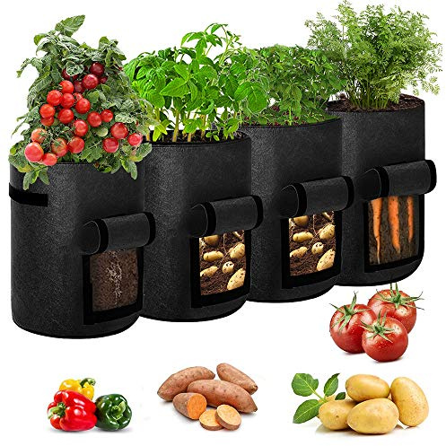 Airsnigi 10 Gallon Potato Grow Bags, 4 Pack Plant Grow Bags with Flap Window Handles Vegetable Growing Bag for Vegetables, Fruits, Garden, Outdoor, Black