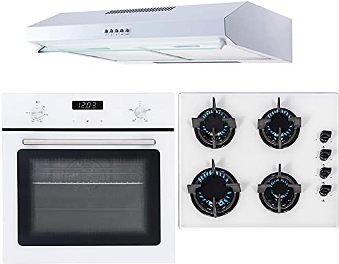 SIA 60cm SO103WH White Touch Control Fan Oven, GHG602WH 4 Burner Gas Hob & VRS60WH Visor Cooker Hood Extractor Fan