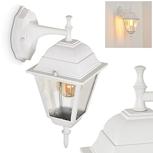 Außenwandleuchte Naofe abwärts, klassische Wandlampe aus Metall/Glas in Weiß, 1-flammige Außenleuchte mit Echtglasscheiben für Eingangsbereich/Hof/Terrasse, 1 x E27, IP44, ohne Leuchtmittel
