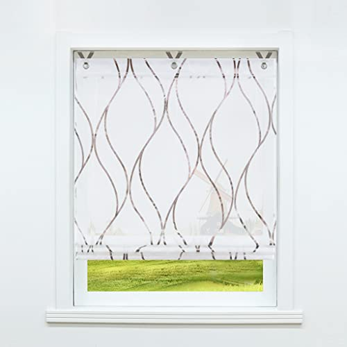 CORLIF Raffrollo mit Ösen Gardinen Küche Raffgardinen Transparent Ösenrollo Vorhänge Mit Wellen-Druck Modern Voile Braun BxH 100x130cm 1 Stück