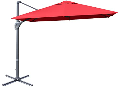 COSTWAY 3x3m Garden Cantilever Parasol, 360° Rotation Square Overhanging Umbrella with 4-Level Tilting Adjustment and Crank Handle, Outdoor Patio Offset Market Umbrellas (Wine)
