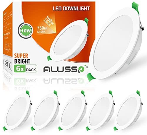 ALUSSO LED Einbauleuchten Ultra flach 10W 230V LED Spots, 750lm Warmweiß 3000K Einbaustrahler Einbautiefe 30mm, IP44 Deckenstrahler für Badezimmer Wohnzimmer Küche, 6er Set