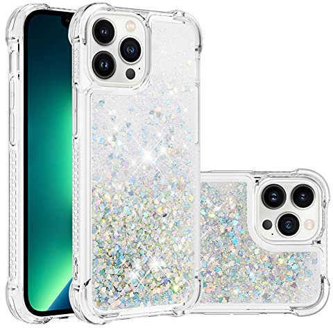 IMEIKONST Compatible with iPhone 13 Pro Glitter Case, Liquid Sparkle Quicksand Clear Transparent Sequin Slim Girls Soft TPU Bumper Silicone Shockproof Cover for iPhone 13 Pro. Love Silver YBW