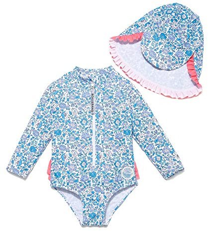 BONVERANO Traje de baño de una Pieza para niña, Mangas largas, protección UV 50+ con Gorra(Azul-Azul,6-9meses…