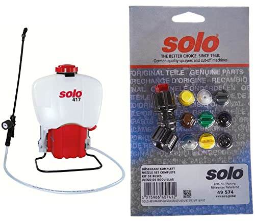 Solo 41701 417 Akku-Rückenspritze, Weiß, 62 x 43 x 31 cm & Düsensatz 49574 für Druckspritzen Drucksprüher und Rückenspritzen mit 9 verschiedenen Düsen,19 x 11 x 2 cm