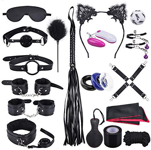 Qoosea Set Bondage 18 Pezzi, Sex Toys SM Sex Restraint Perfetto per I Principianti e Gli Esperti,Giocattoli Sessuali in Pelle Fetish con Manette Caviglia Maschera Morsetti Capezzoli per Coppie