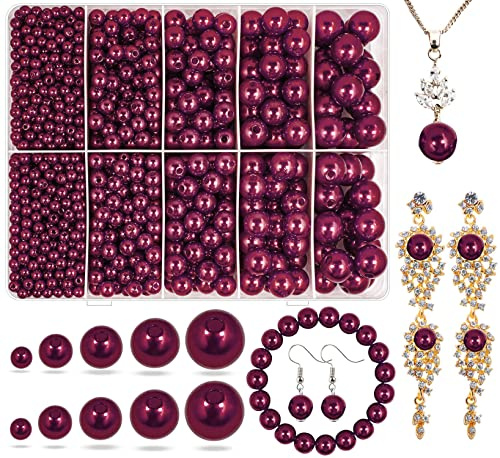 Claret Red Pearl Beads for Jewelry Making, 1750pcs Wine-Red Pearl Craft Bead with Hole 4mm 6mm 8mm 10mm 12mm Loose Spacer Bead for Necklace Bracelet Earrings Ring Choker Wedding Dress Decor (Claret)