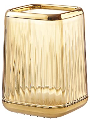 DASITON Makeup Brush Holder Organiser, Acrylic Makeup Organiser Square Cosmetic Brush Storage Holder, Vintage Stripe Make Up Brush Cup Pen Pencil Holder (Amber)