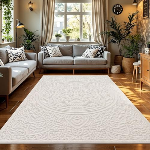 TT Home Outdoor Teppich 120x160 cm Creme, Wetterfest & Robust modernes Boho Skandi Design mit 3D-Optik, für Terrasse & Wohnzimmer