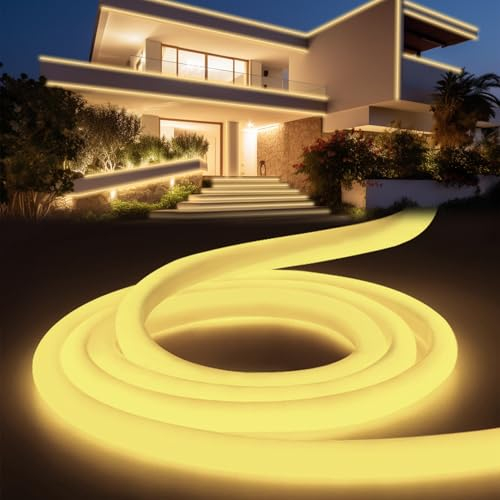 YOODI Neon LED Strip Warmweiss 5m, Led Lichtband für Außenbereich IP65 Wasserdicht, Schneidbare Rundes Rohr Flexibel Outdoor LED Streifen 230V für Haus, Zimmer, Garten, Party, Inklusive Netzteil