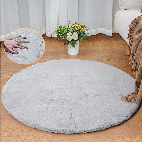 ORINOVA Runder Teppich Grau Flauschig Fellteppich 90 cm Kunstfell Teppich Schlafzimmer Rund Wohnzimmer Waschbar Kurzflor Bettvorleger