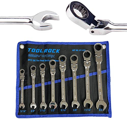 TR TOOLROCK 8-teiliges Flex-Head-Ratschenschlüssel-Set, SAE-Ratschen-Ringmaulschlüssel, Chrom-Vanadium-Stahl, 72-Zähne-Konstruktion mit Organizer-Tasche, 7/16 Zoll, 1/2 Zoll 5/20 3 cm 11/16 3/4