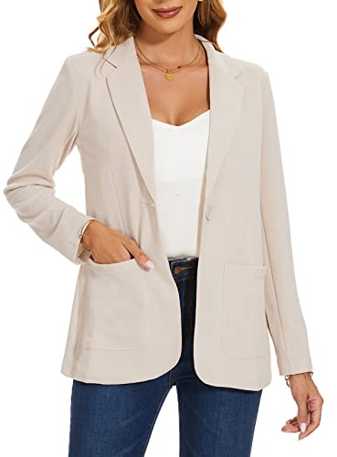 MINTLIMIT Women Blazer Jacket Elegant Notched Lapel Tops Coat Outerwear for Formal Occasions Size 16 18 (WH-Beige L)