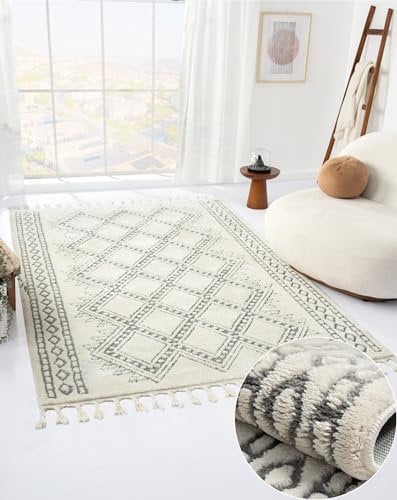 MY-RUG Teppich Alva rechteckig weiß 160 x 230 cm, Wohnzimmerteppich mit Fransen und Muster im Boho Stil mit Hochflor, flauschig und pflegeleicht