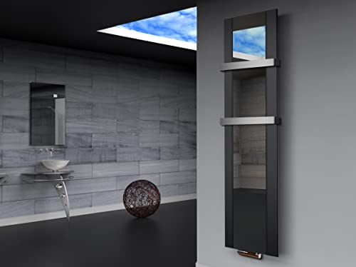 Badheizkörper Design Singapur 3, HxB: 180 x 47 cm, 1118 Watt, schwarz/Spiegel + 2 Handtuchhalter 50mm MADE IN GERMANY Szagato Handtuchheizung Handtuchwärmer Design Heizkörper Spiegelheizkörper
