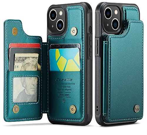 UEEBAI Wallet Case for iPhone 14 6.1 inch, RFID Blocking Card Slots Flip Case PU Leather Kickstand Folio Case Magnetic Clasp Cover Shockproof Case for Men - Green
