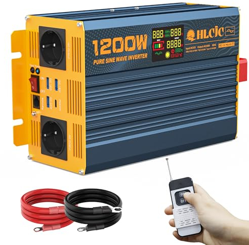 Trasformatore di tensione sinusoidale puro da 1200 W, 12 V a 230 V, con 4 porte USB di ricarica rapida (PD60 W/QC18 W/24 W), 2 prese di corrente EU, telecomando LCD, per sistema solare, camper, camion