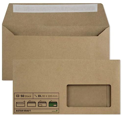 Netuno 50 Kraftpapier Briefumschläge DIN lang 110 x 220 mm 100g Aster Kraft lange Umschläge DL mit Fenster rechts Briefkuverts Recycling Papier lange Briefhüllen Braun Umschläge Öko mit Sichtfenster