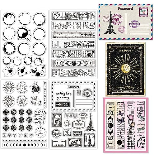 GLOBLELAND 4 Blatt Pflanzen Briefpost Postkarte Mondphasen Klare Stempel Für Die Kartenherstellung Kaffeeflecken Silikon Klare Stempelsiegel Transparente Stempel Für DIY Scrapbooking Album