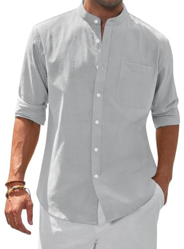 siliteelon Herren Hemd Leinen Strukturiert Langarm Stehkragen Freizeithemd | Regular Fit, Leichte, Sommer, Baumwolle, Button Down, Business, Formell, Party, Beach, Club, Reisen, Casual, Strandhemd