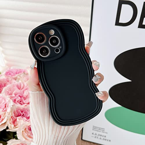 XIZYO Case for iPhone 15 Pro Max 6.7 Inch, Cute Solid Color Curly Wave Shape Frame Silicone Shockproof Case, for Women Girls Slim Soft TPU Full Camera Lens Protective Cover, Black