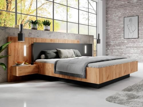 Vente-unique-Letto con contenitore con comodini - 2 cassetti - con LED - 160 x 200 cm - le e Antracite - FRANCOLI