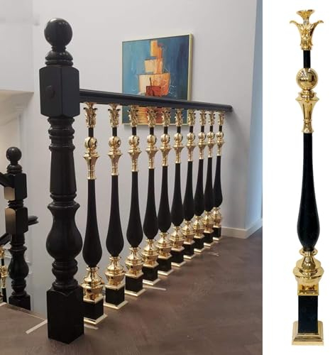 CMYUN Geländer Außen/Innen Treppengeländer Schwerlast Treppengeländer mit Schrauben, Schwarze ＆ Goldene Balustradenspindeln Rund, Sicherheitsgeländer für Den Innenbereich des Dachbodens