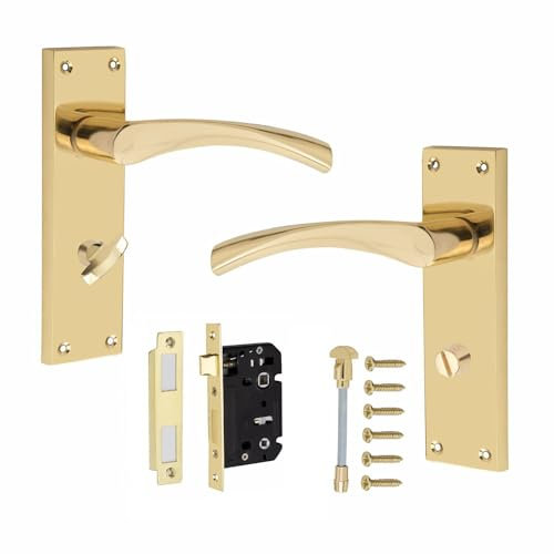 Golden Grace Victorian Scroll Astrid Door Handles Bathroom WC Toilet Complete in Gold Polished Brass Finish with (GG) 64mm Bathroom Mortise Lock - 150mm x 40mm Backplate