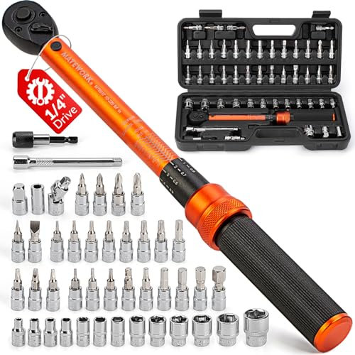 Matework 50PCS Inch Pound Torque Wrench Set, 1/4 Drive Bike Torque Wrench, 10-220 in.lb(1-24.7nm) Click Bicycle Torque Wrench 72-Tooth Ratchet with Bit Sockets, Adapters, for MTB, E-Bike, Motorcycle