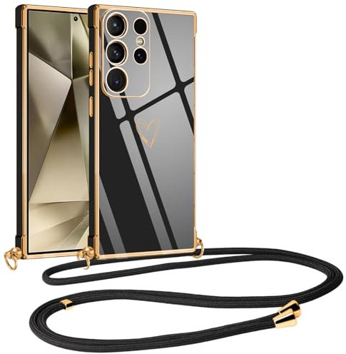 Vauki Coque pour Samsung Galaxy S24 Ultra avec Cordon de Collier, Galvanisé Etui Housse avec Motif Coeur d'amour, Antichoc Anti-Rayures Case avec Bandoulière pour Samsung S24Ultra, Nior