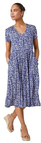 Roman Originals Swing Tea Dress Women UK Ladies Skater Midi A Line Fit & Flare Summer Casual Smart Cocktail Party Going Out Work Cruise Button Through Long Pocket - Navy - Size 8