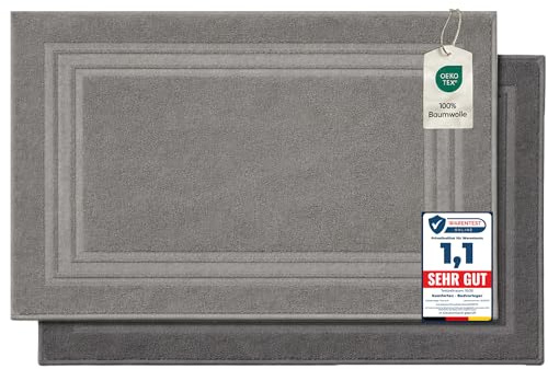Komfortec Tappeto Bagno Set di 2 in Spugna di Cotone 50x70 cm | Tappetino Bagno 100% Cotone, Assorbente, Morbido, Lavabile in Lavatrice, 600 g/m², Antracite&argento